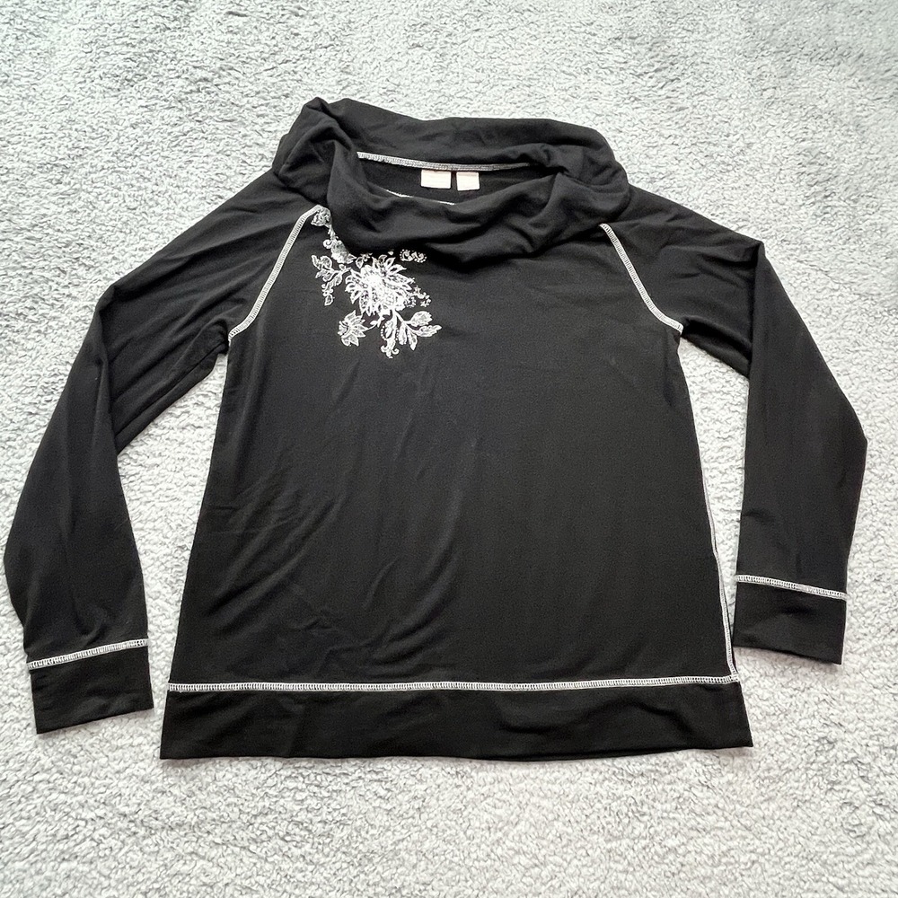 Chicos Zenergy Cowl Neck Top Long Sleeve Black Size 8/10 Chicos 1 Floral Shirt